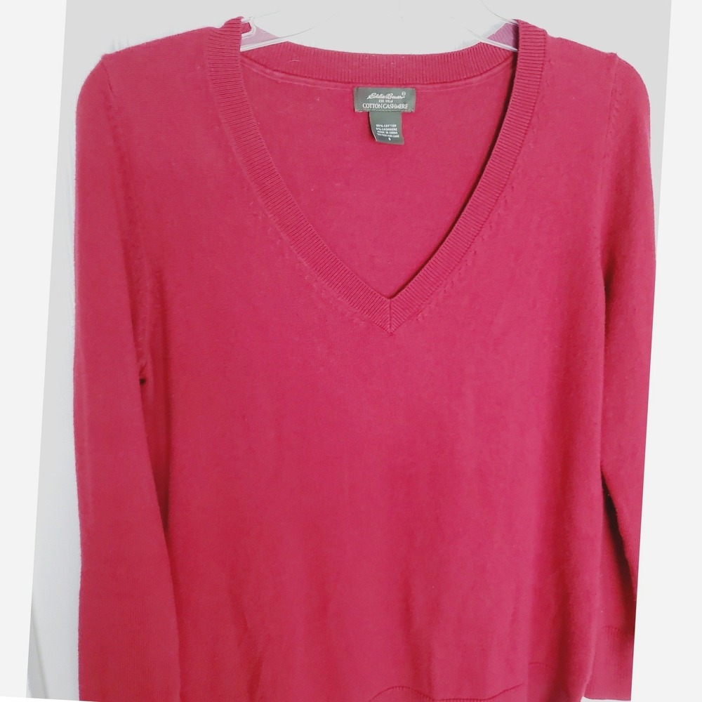 Eddie Bauer Sweater Red V-Neck Cotton Cashmere Pullover Classic Soft Knit Small